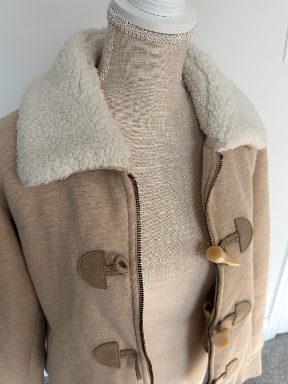 Lauren Ralph Lauren Beige Teddy Toggle Coat with Cream Sherpa Collar
